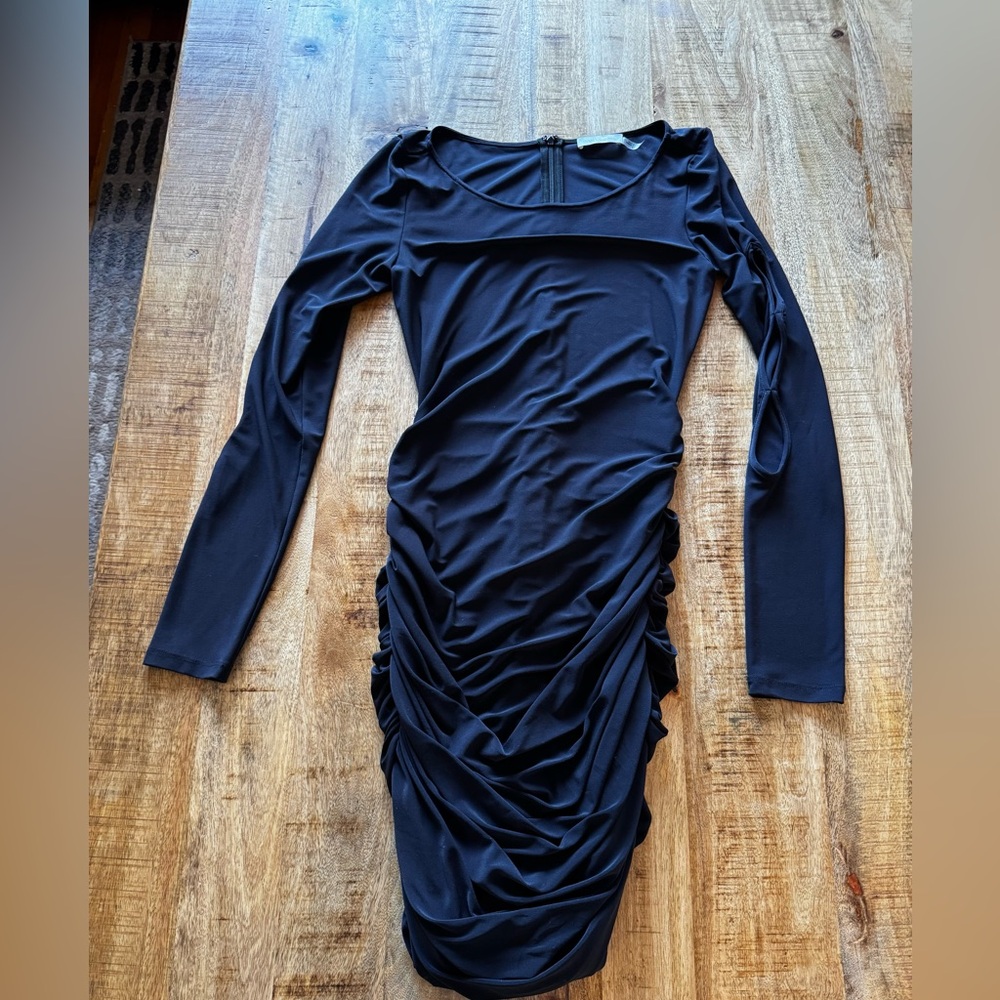Ramy brook navy blue Ruched bodycon Dress arm sleeve circle cut out NWOT small